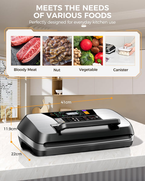 95 kPa Vacuum Sealer Machine, 230W Food Vacuum Sealer with Double Heat Seal 10-In-1 Multi Modes Vac Pack Machine Set with Cutter, 1 Bag Roll & 10 Precut Bags and Accessory Hose