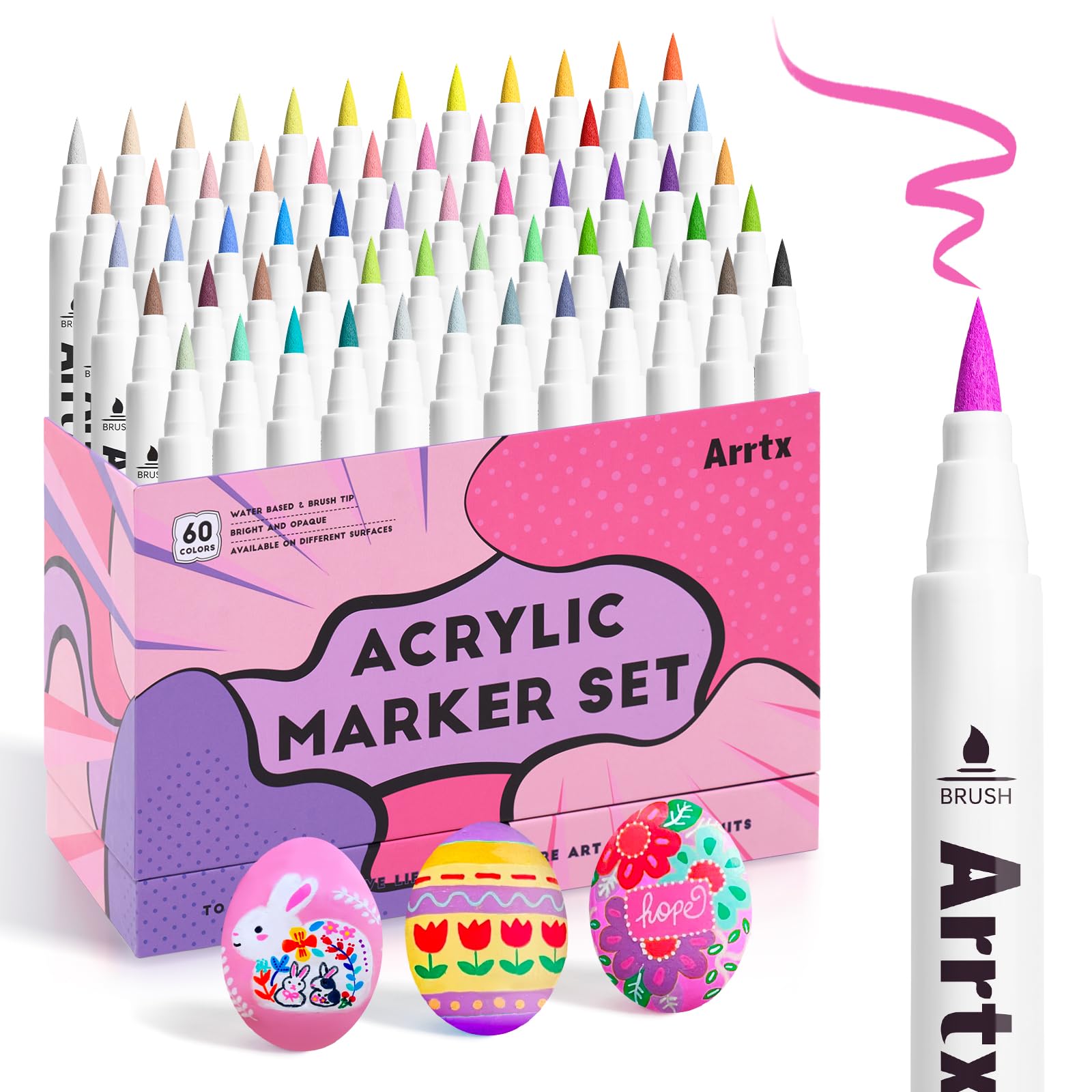 Arrtx 60 Colors Acrylic Markers Paint Pens, Acrylic Paint Pens for Artists Adults Coloring Drawing Cartoon Anime Comic -Permanent Brush Tip Paint