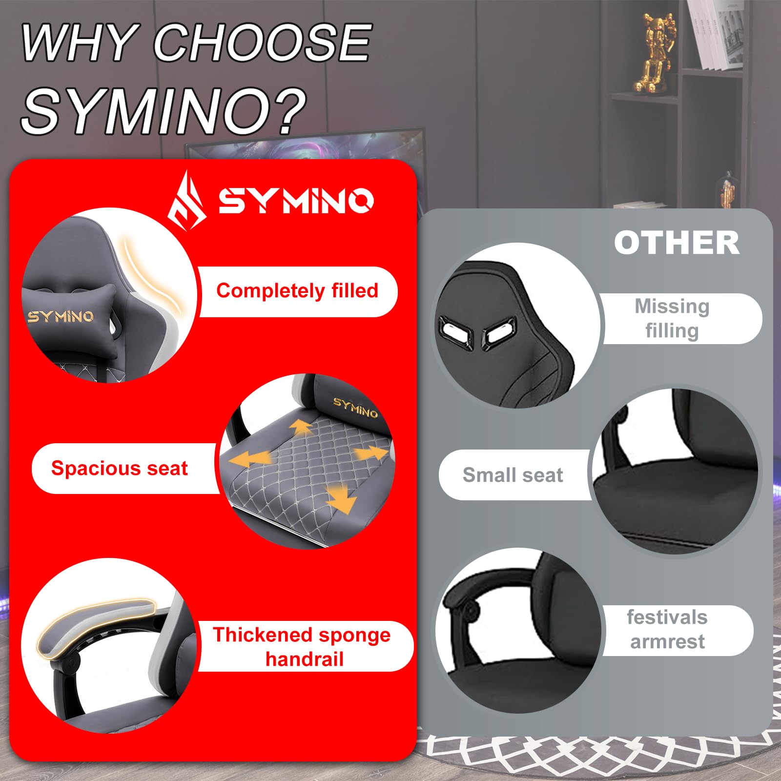 Symino Gaming Chair with Footrest, Computer Ergonomic Video Game Chair, Adjustable Swivel Task Chair with Lumbar Support, PC Chair, Office Chair PU Leather, Grey&White
