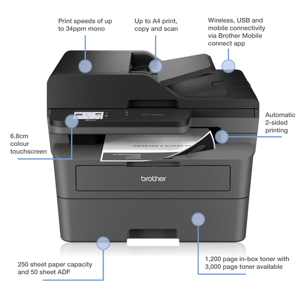 Brother DCP-L2620DW 3-in-1 Mono Laser Printer |Print, copy & scan|Automatic 2-sided print |A4|UK Plug
