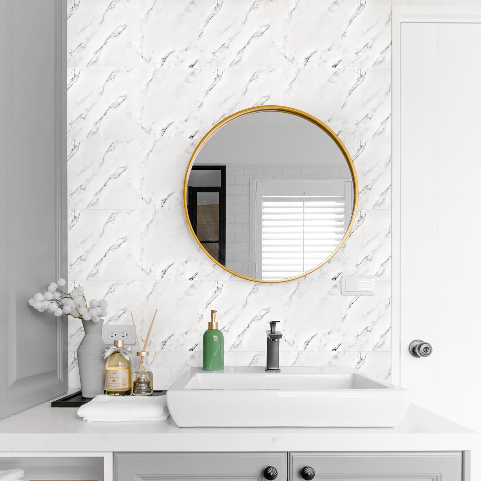 Fantasnight Marble Stick on Tiles 30 x 30cm 50Pcs White Tile Stickers Self Adhesive Wall Tiles PET Peel and Stick Wall Glossy Stickers for Kitchen