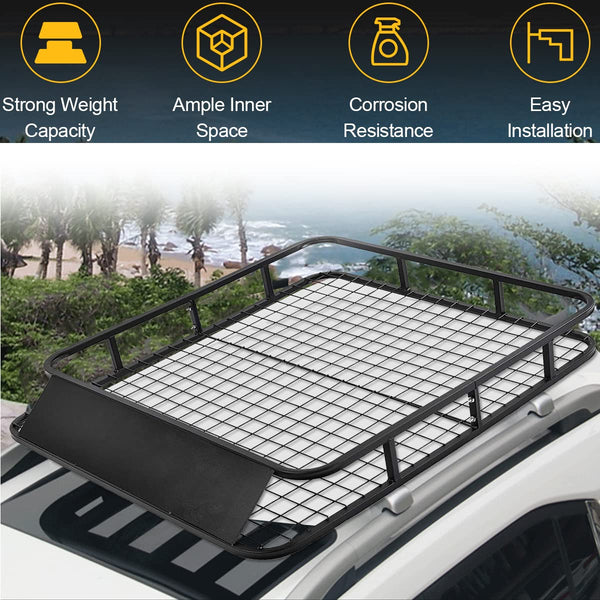 Roof Rack Basket Tray, Steel Luggage Cargo Carrier with Bars & Wind Fairing, Rooftop Luggage Holder for Car SUV Truck Jeep (116-162x99x15cm, 113kg Capacity)