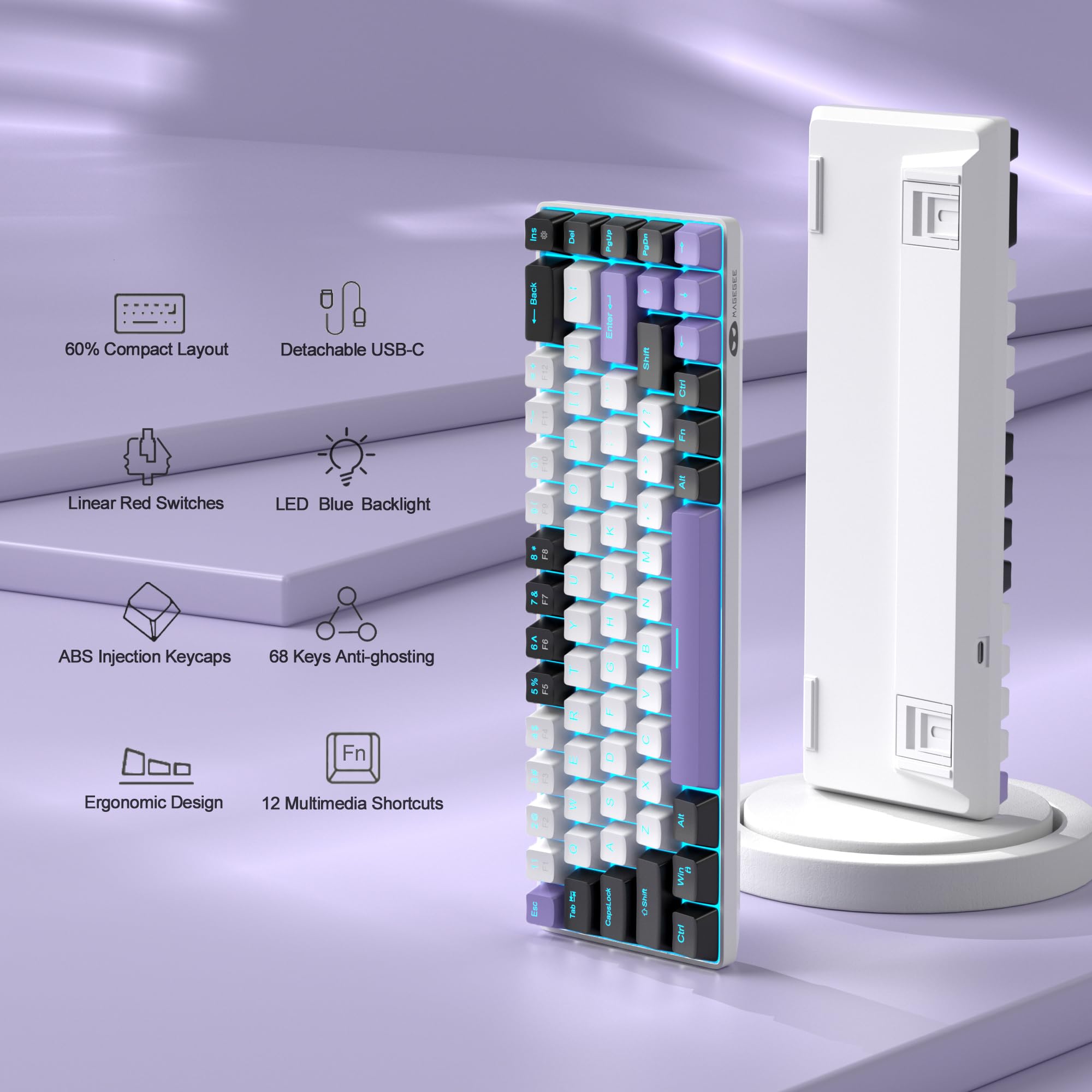 MageGee Portable 60% Gaming Mechanical Keyboard, Minimalist MK-Box Ice Blue Backlit Compact 68 Keys Wired Office Keyboard with Red Switch for Windows Laptop PC Mac Convenient(Gray & White)