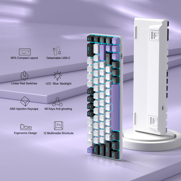 MageGee Portable 60% Gaming Mechanical Keyboard, Minimalist MK-Box Ice Blue Backlit Compact 68 Keys Wired Office Keyboard with Red Switch for Windows Laptop PC Mac Convenient(Gray & White)