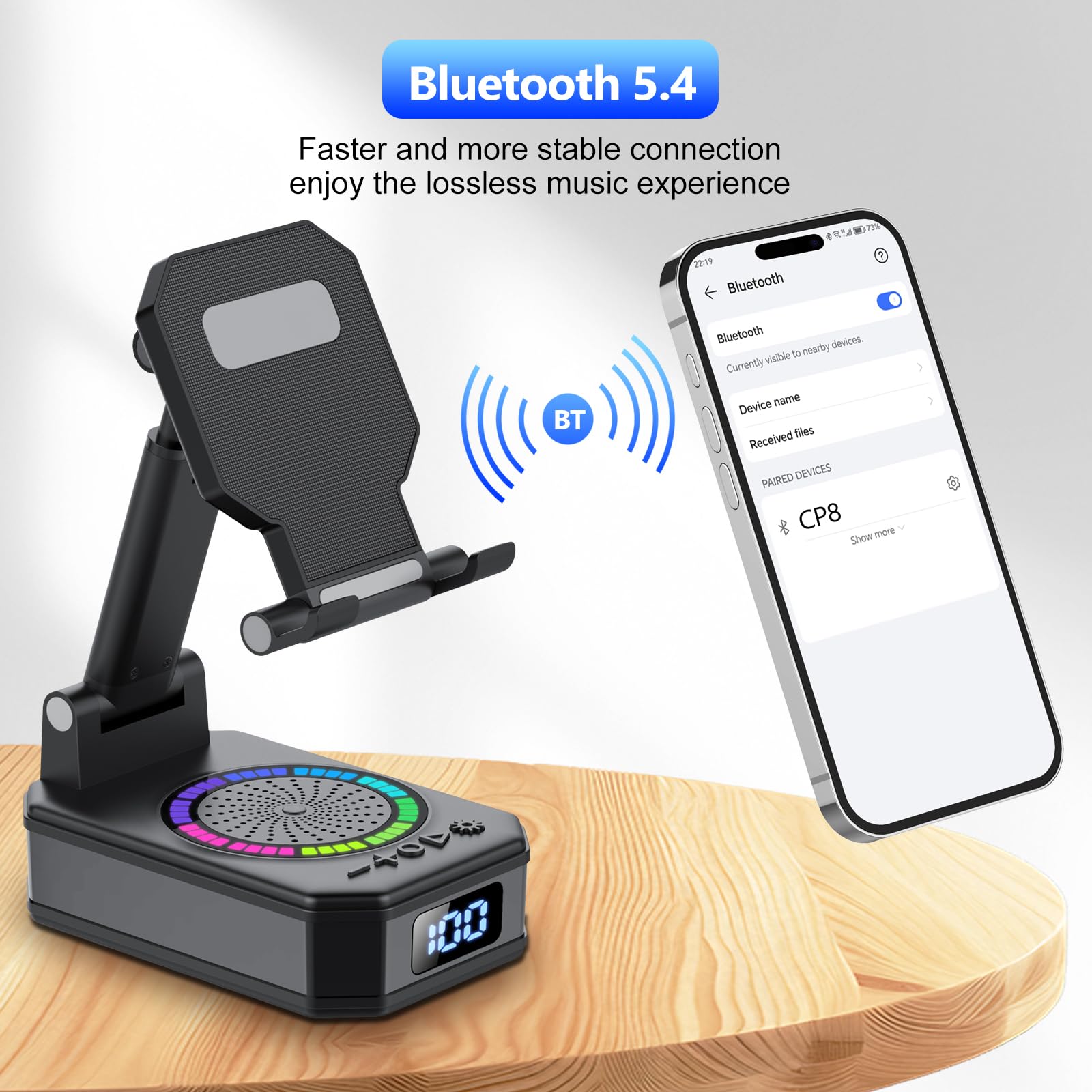 Gifts for Men Women, Phone Stand with Bluetooth Speaker, Anti-Slip Base, 4-in-1 Design with RGB, Foldable Phone Charger Stand with Wireless Speaker, Ideal for Dad Mom, Tech Gadget Stocking Fillers