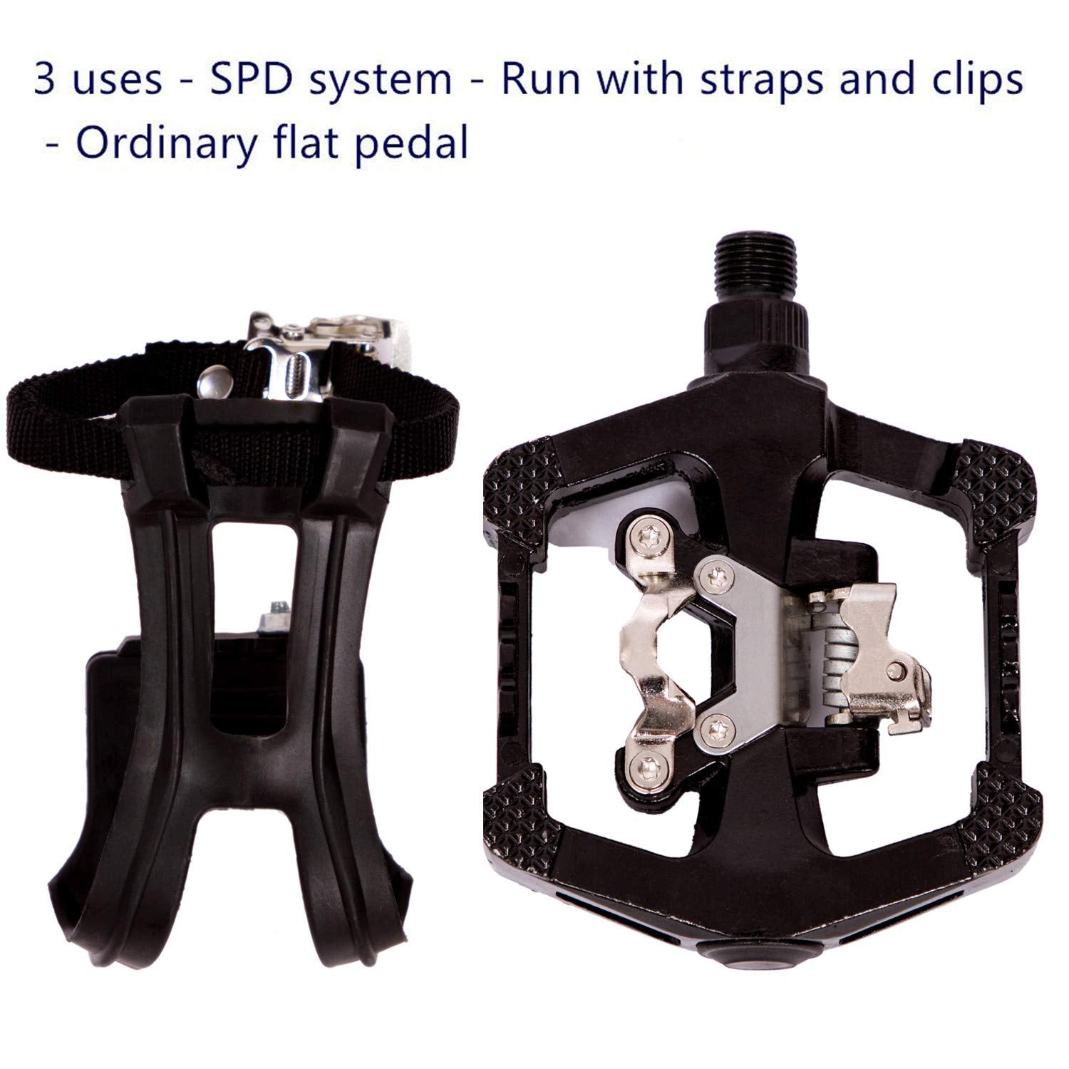 COZYROOMY SPD pedals - Hybrid pedal with clips and straps, Suitable for indoor exercise bikes, Spin Bike and all bikes with 9/16" axles. 6 Month