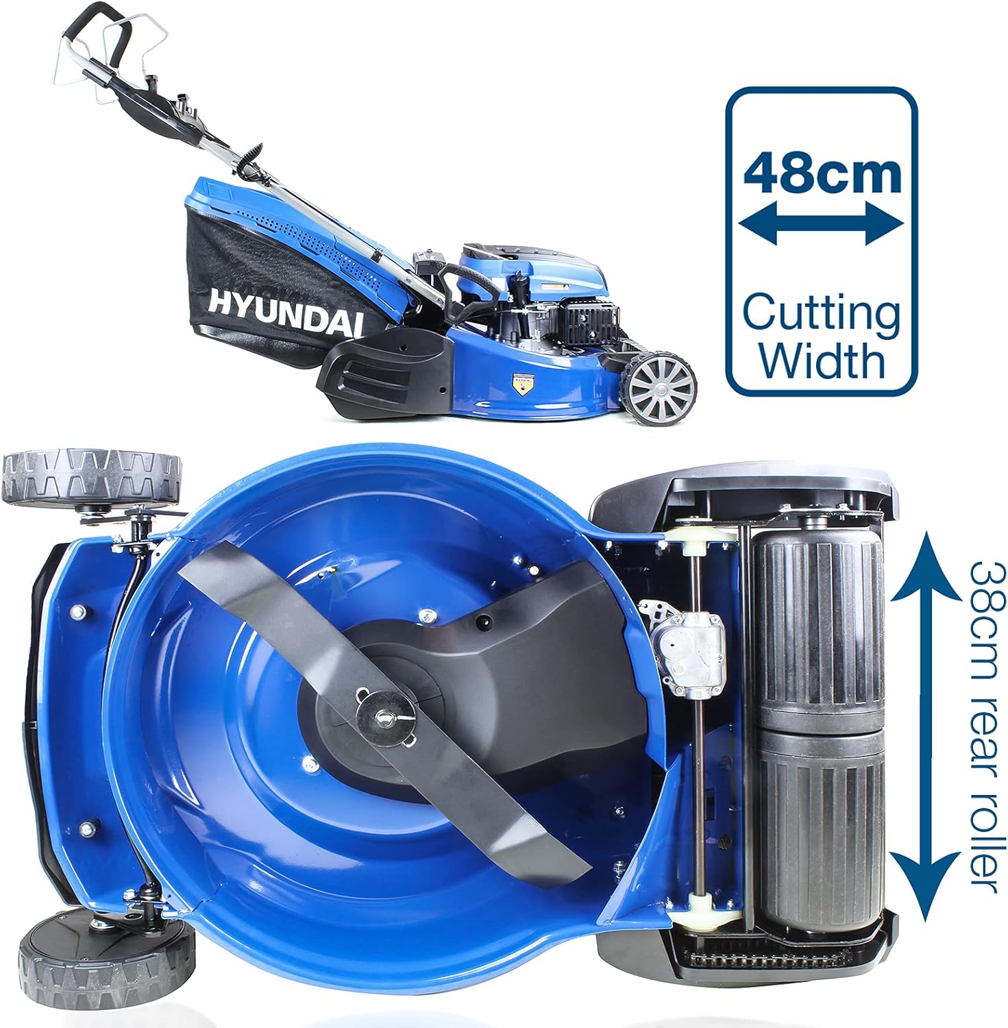 Hyundai 19" 48cm / 480mm Self Propelled Electric Start 139cc Petrol Roller Lawnmower, 5 Cutting Heights, 70l Grass Bag, Foldable Handles, 3 Year Warranty