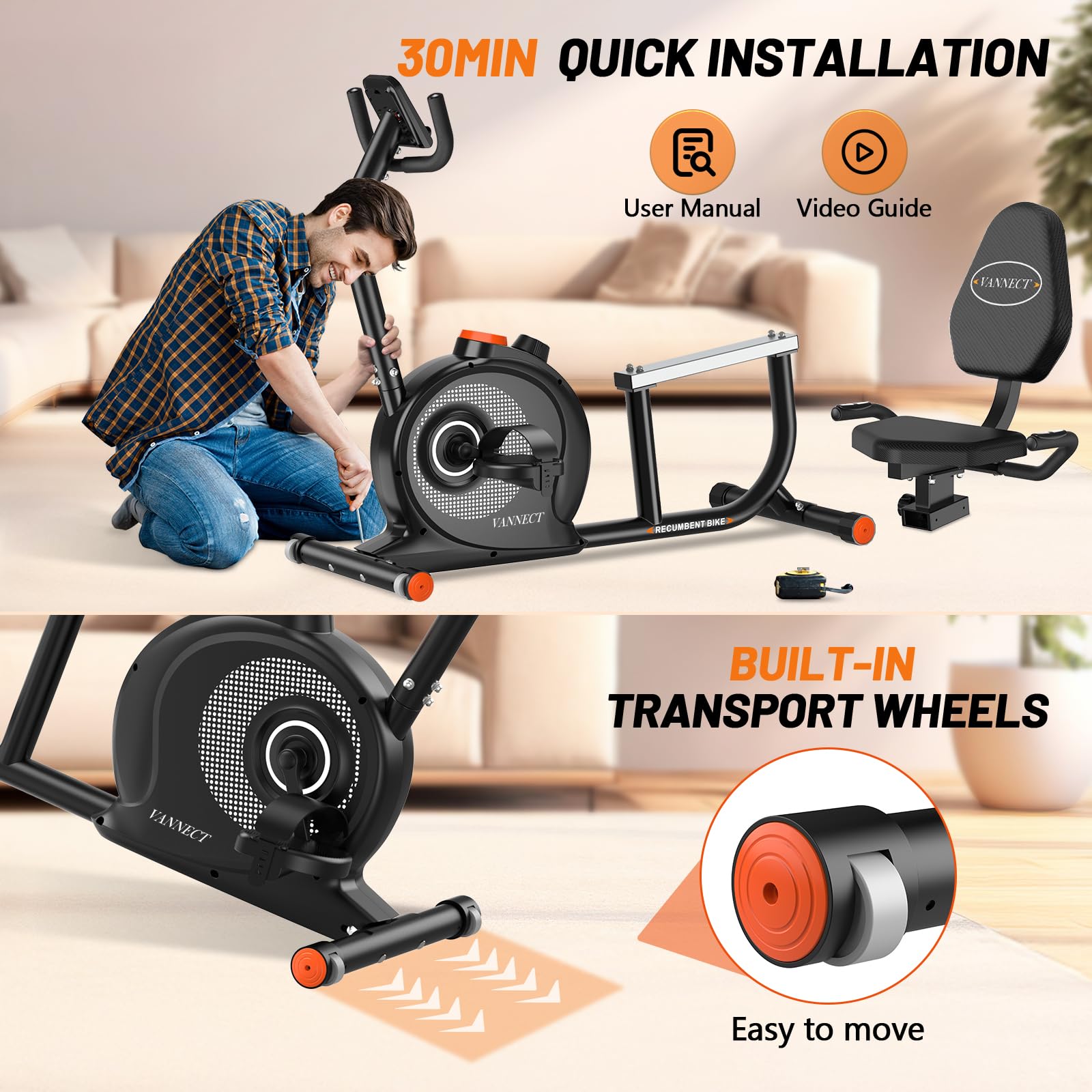 VANNECT Recumbent Exercise Bike for Home Use, 16 Level Resistance Recumbent Bike with 400LBS Weight Capacity, Upgraded Magnetic Recumbent Bikes with Smart APP& LCD Monitor, Adjustable Seat