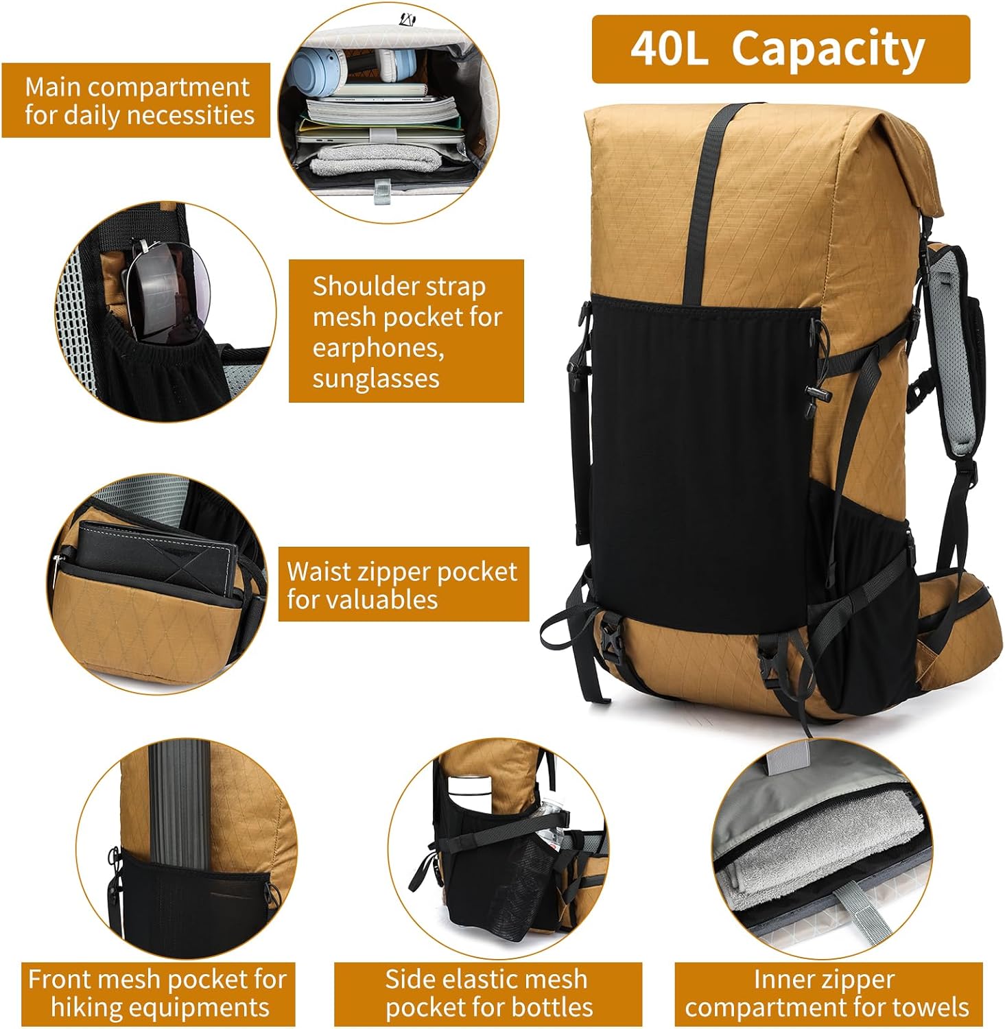 POWER KING 40L Expandable TO 50L Hiking Backpack,Upgraded X-PAC Scratch-proof Lightweight Large Rucksack for Mens Women, Outdoor Roll Top Camping Packsack, Fit for 15.6'' Laptop