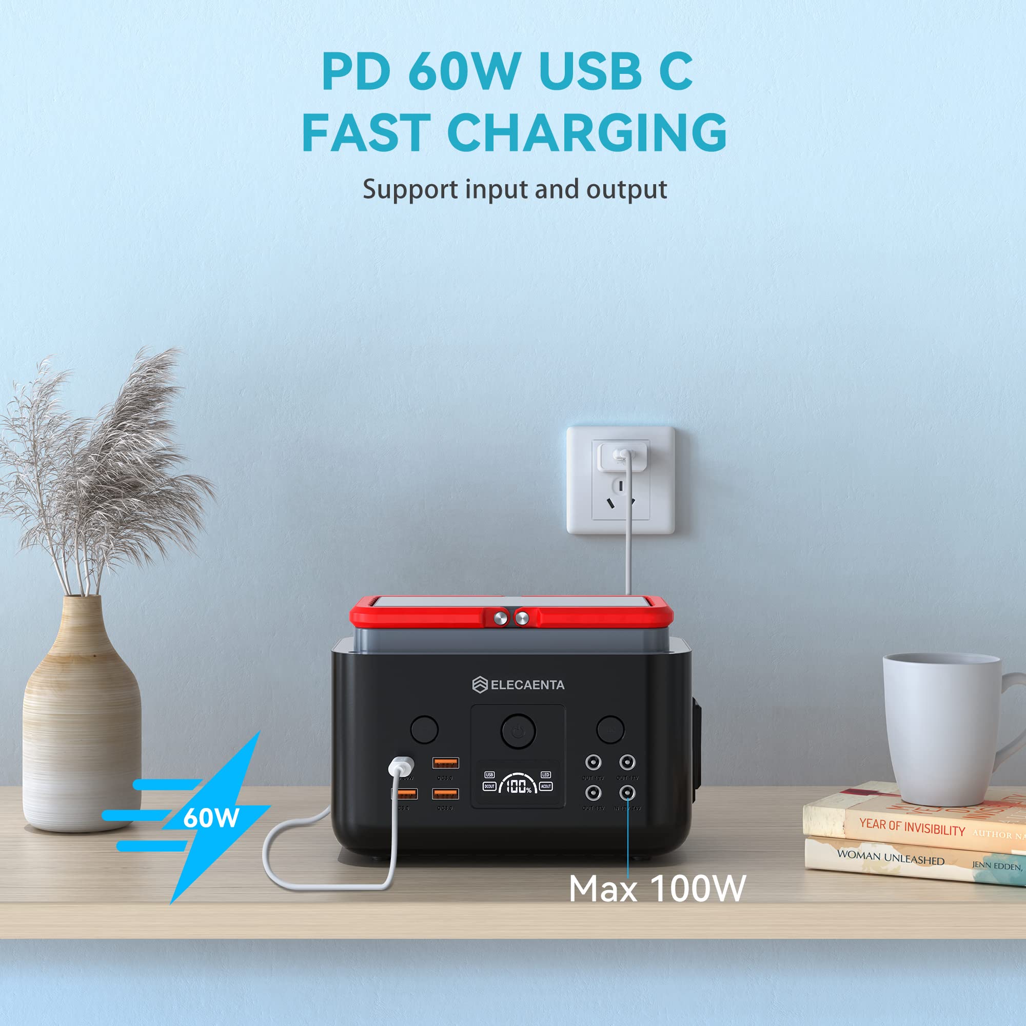 ELECAENTA Portable Power Station, 200Wh LiFePO4 Battery 6x Lifespan, AC200W (Peak 400W) Pure Sine Wave, Ultra-Light 2KG, Solar Generator for Outdoor Camping RVs Home Use