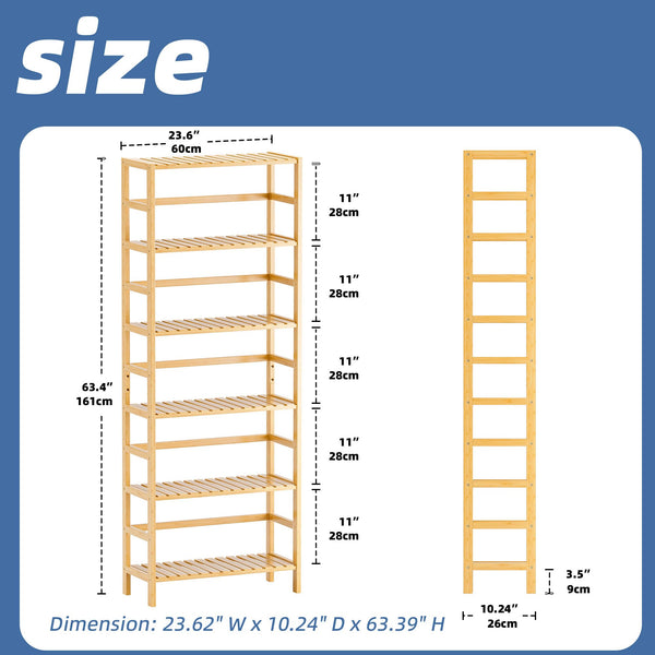 HITNET Bamboo Shelf, 6-Tier Adjustable Tall Open Bookcase, Bathroom Storage Rack Freestanding Shelving Unit, Plant Display Stand for Small Space,