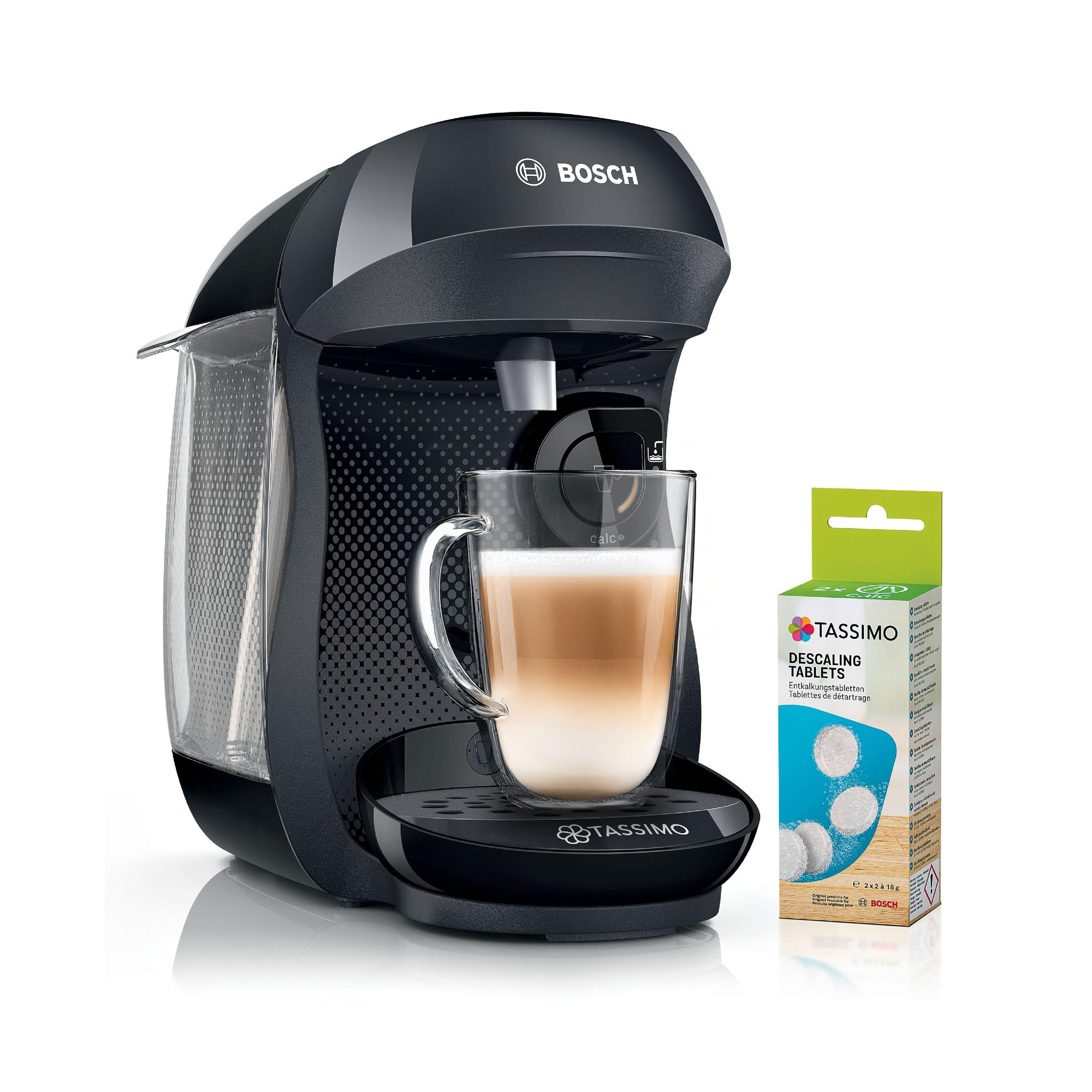 Tassimo by Bosch HAPPY Friendly Pod Coffee Machine with descaling bundle (x4 tablets included) TAS102EAGB, Black