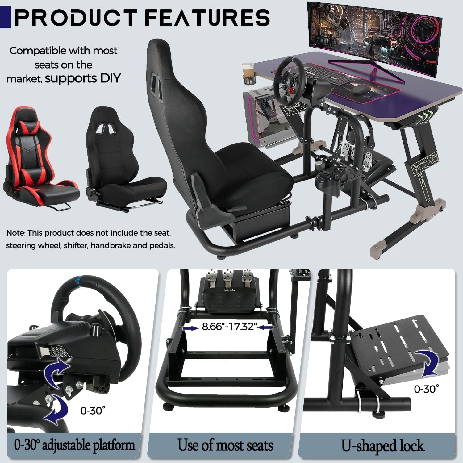 Minneer L-shaped Double Arms Racing Simulator Cockpit Fit for Logitech Fanatec Thrustmaster G27 G29 G920 G923 T300RS Large Round Tube Driving Wheel Stand Not Included Wheel Pedal Handbrake and Seat