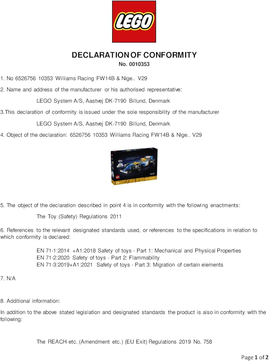 LEGO Icons Williams Racing FW14B & Nigel Mansell - F1 Car Model Set for Adults, with a Collectible Driver Minifigure, Trophy & Display Stand - Gift Idea for Men, Women & Teenage Motorsports Fans 10353