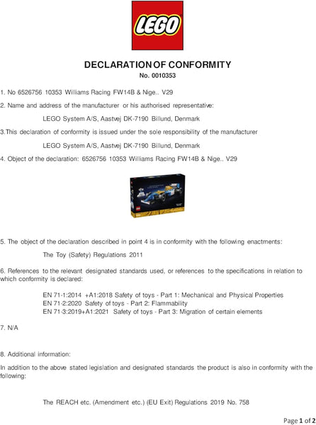 LEGO Icons Williams Racing FW14B & Nigel Mansell - F1 Car Model Set for Adults, with a Collectible Driver Minifigure, Trophy & Display Stand - Gift Idea for Men, Women & Teenage Motorsports Fans 10353