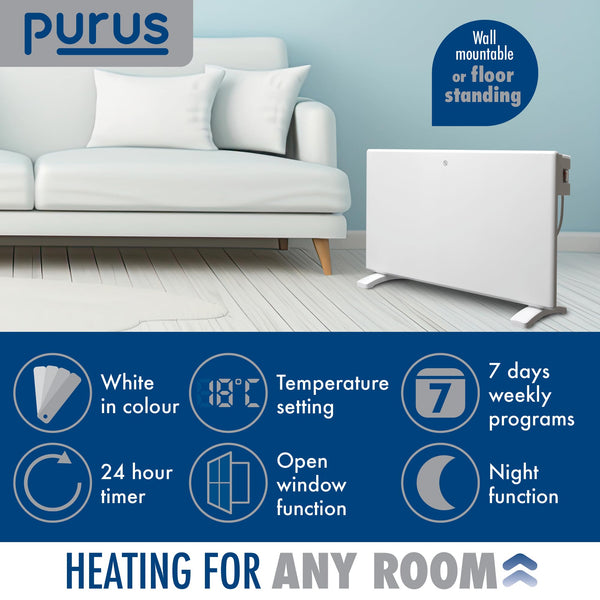 Purus 600W Grey Electric Radiator Heaters for Home, Bathroom Safe Electric Heater Setback Timer Lot 20 & Advanced Thermostat Control Wall Mounted or Floor Standing Low Energy Panel Heater