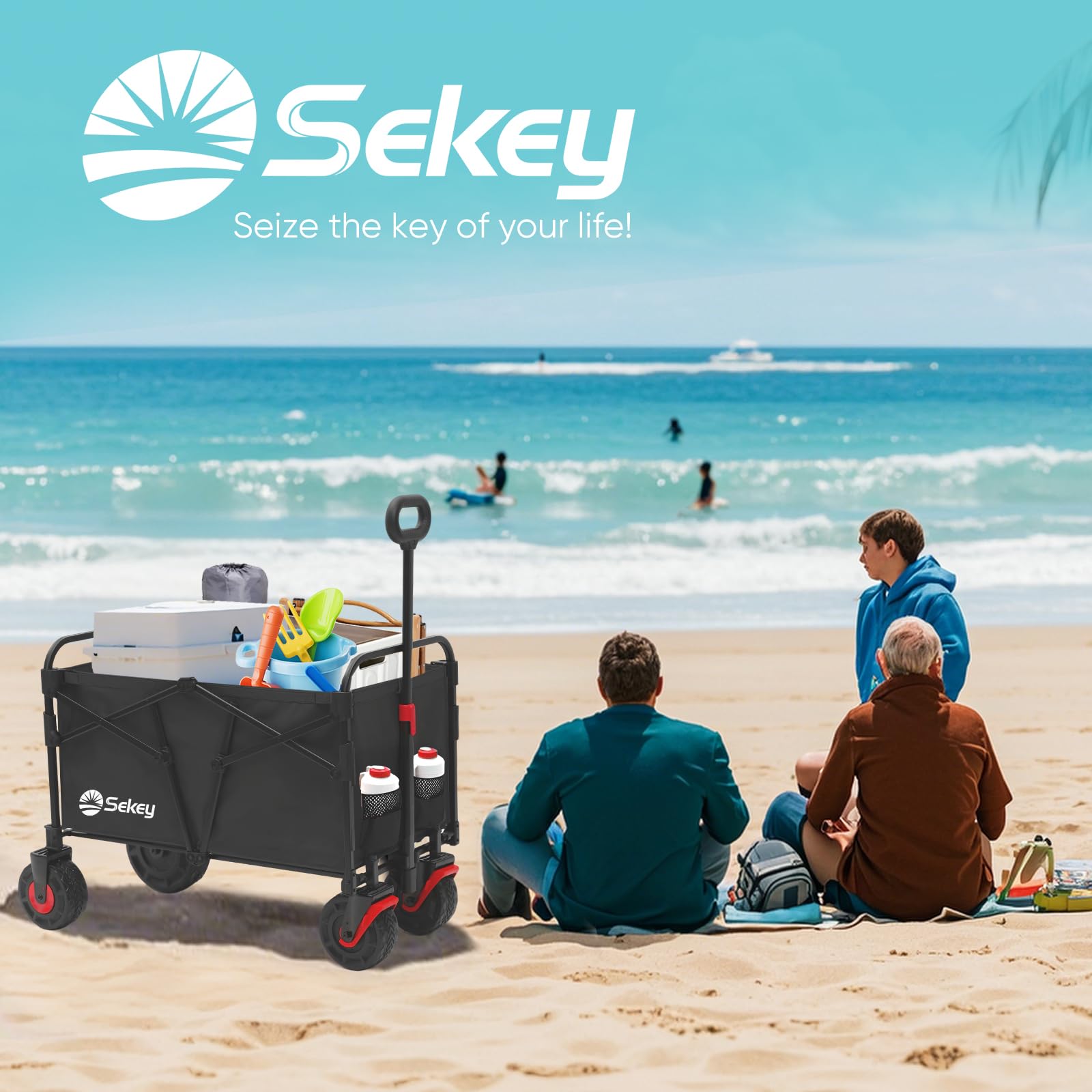 Sekey 332L Folding Festival Trolley with Expandable Tailgate, Patented Design Beach Cart - Diamond Collapsible, Wide All-Terrain Wheels, Brake, 350LB Load Capacity Heavy Duty Wagon for Camping, Black