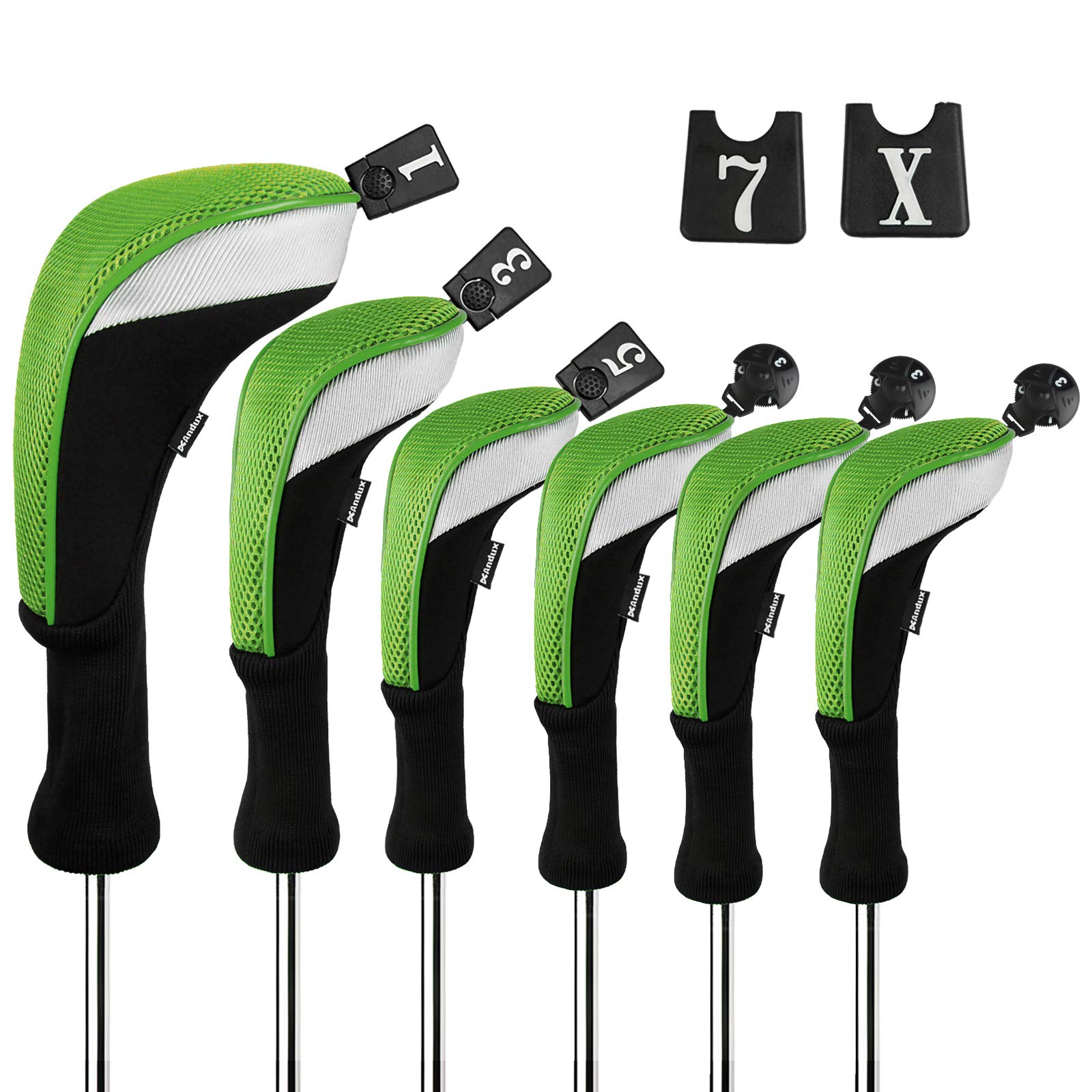 Andux 6pcs/Set Golf Club Head Covers Woods Driver Fairway Hybrid Set Long Neck (3 Hybrid + 3 Woods) Black/Green