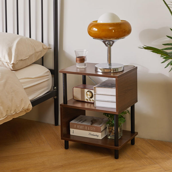 Aibiju 3 Tier Side End Table, Wooden Bedside Table, Modern Sofa Side End Table for Living Room/Bedroom/Small Space, Brown+Black Legs, YD-TM152LW