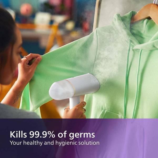 Philips 3000 Series Handheld Steamer, 1000W, 20 g/min Steam, Kills Germs, Detachable 100ml Water Tank, Compact + Foldable, Plastic Plate, Blue (STH3000/26)