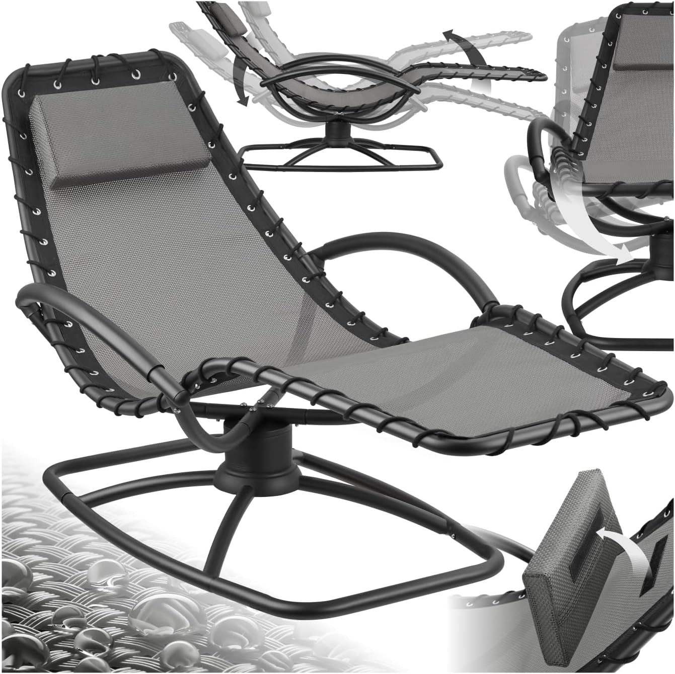 TecTake® Sun Lounger with Rocking Function, Ergonomic Garden Chair with Breathable Fabric, Thick Head Cushion, Curved Armrests & Sturdy Steel Frame, Outdoor Chair for Garden, Patio, Balcony - Grey