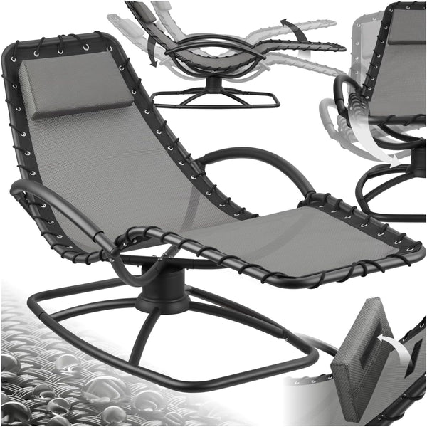 TecTake® Sun Lounger with Rocking Function, Ergonomic Garden Chair with Breathable Fabric, Thick Head Cushion, Curved Armrests & Sturdy Steel Frame, Outdoor Chair for Garden, Patio, Balcony - Grey
