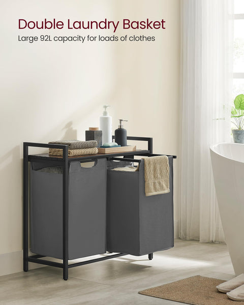 VASAGLE Laundry Basket, Laundry Hamper, Pull-Out and Removable Liner Bag, Shelf, Metal Frame, 65 L, 50 x 33 x 72 cm, Ink Black and Rustic Brown BLH101B01