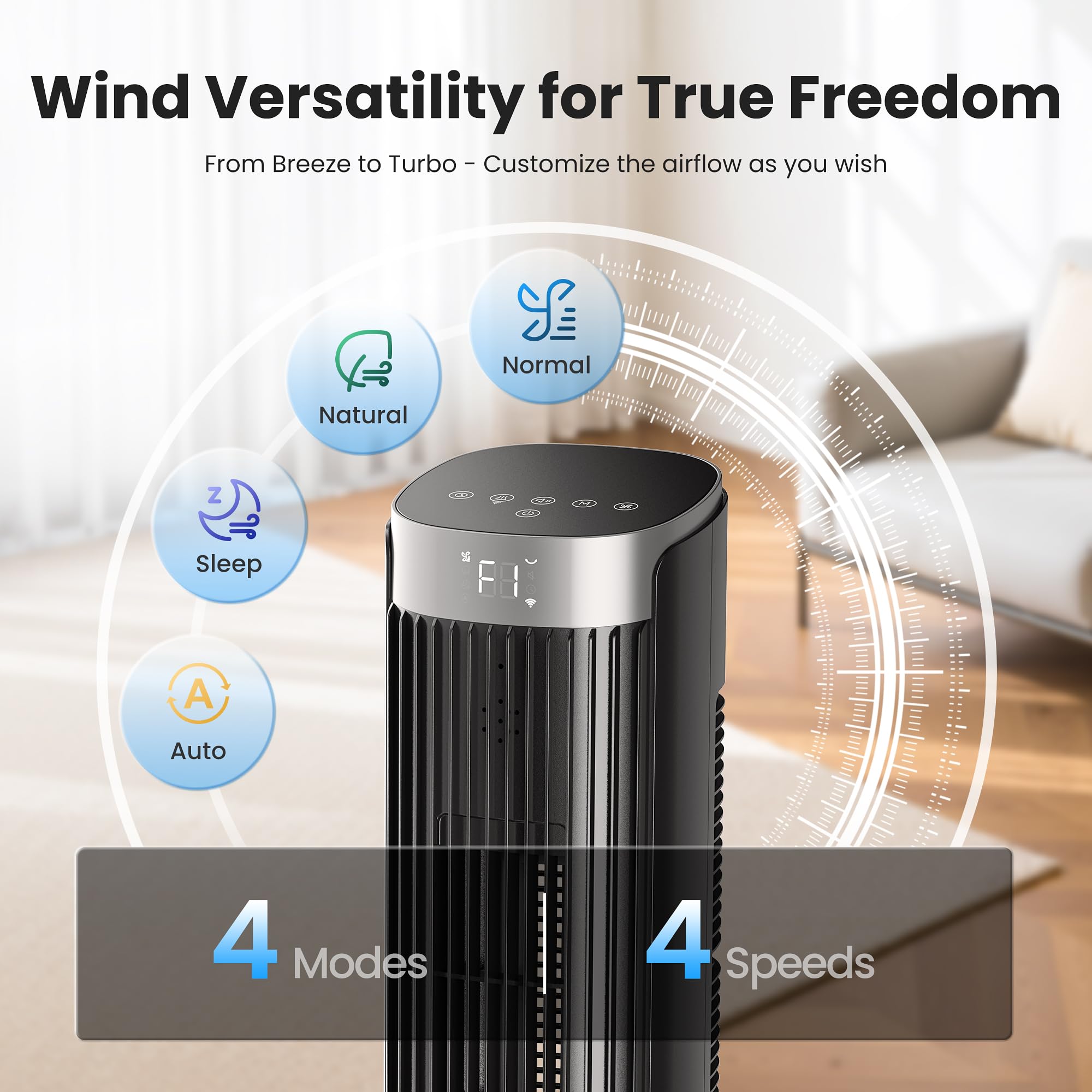 Pureborne 36" Smart Tower Fan with Remote, App & Touch Control, Silent Fans for Sleeping Capable of 25ft/s, LED Display, 90° Oscillating Fans for Bedroom & Office, Equipped with 12-Hour Timer, Black
