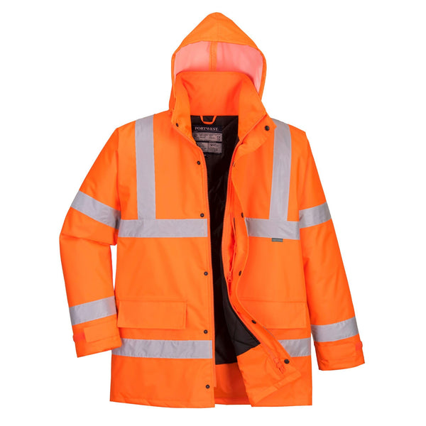 Portwest S460 Men's Winter Traffic Jacket Hi Vis Hooded Work Coat Reflective Fully Lined Zip Safety Utility Waterproof Reflective Workwear