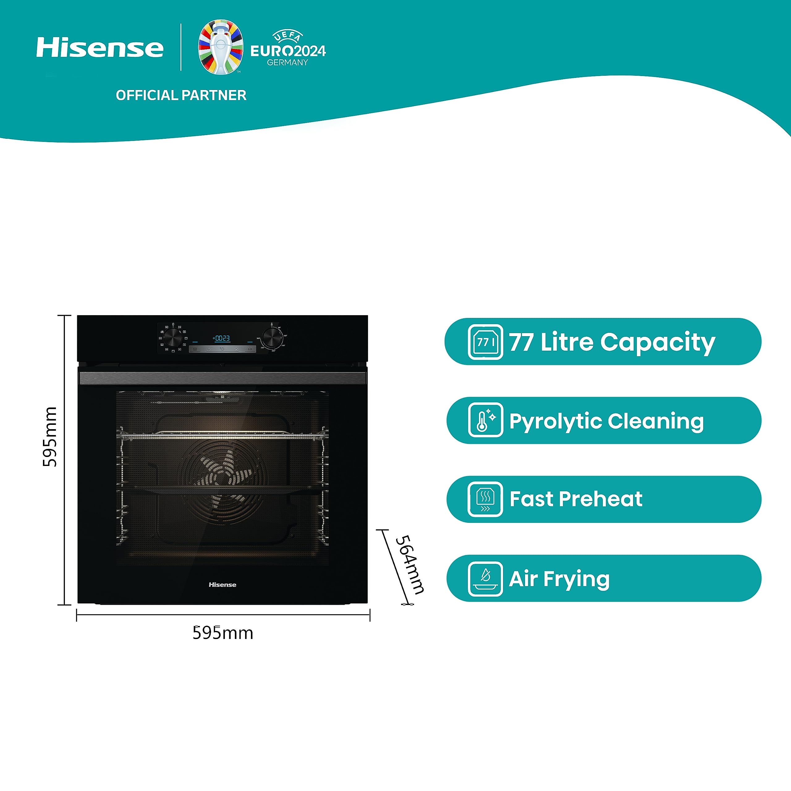 Hisense BI64211PB 77 Litre Built In Electric Single Oven With Pyrolytic Cleaning, Pizza Mode, Multiphase Cooking- Black 22x23x23 inches (LxWxH) - A+ Rated, Extra Large