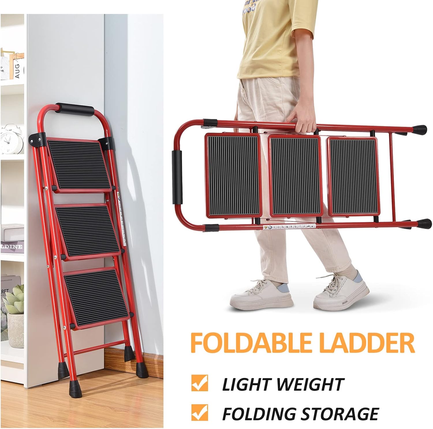 KINGRACK Folding 3-Step Ladder with Non-Slip Pedals, Sturdy Steel, Lightweight & Portable, Red