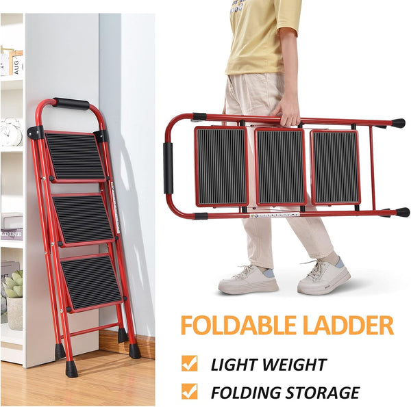 KINGRACK Folding 3-Step Ladder with Non-Slip Pedals, Sturdy Steel, Lightweight & Portable, Red