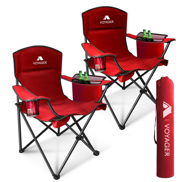 Voyager Folding Camping Chairs 2 Pack with Cooler Bag, Lightweight Q195 Steel Frame, 600D Oxford Fabric, Portable & Comfortable - Black (Black, Padded)
