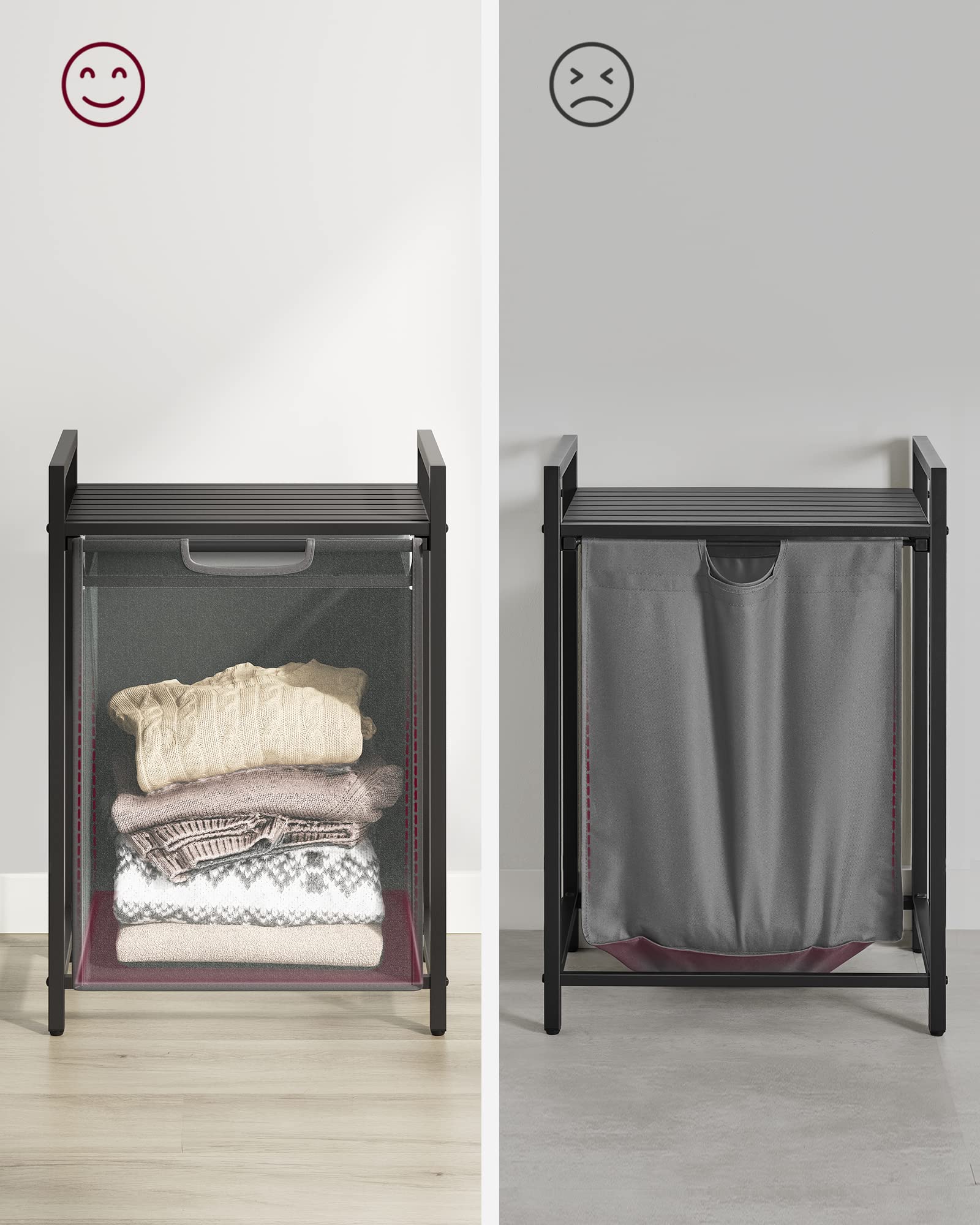 VASAGLE Laundry Basket, Laundry Hamper, Pull-Out and Removable Liner Bag, Shelf, Metal Frame, 65 L, 50 x 33 x 72 cm, Ink Black and Rustic Brown BLH101B01