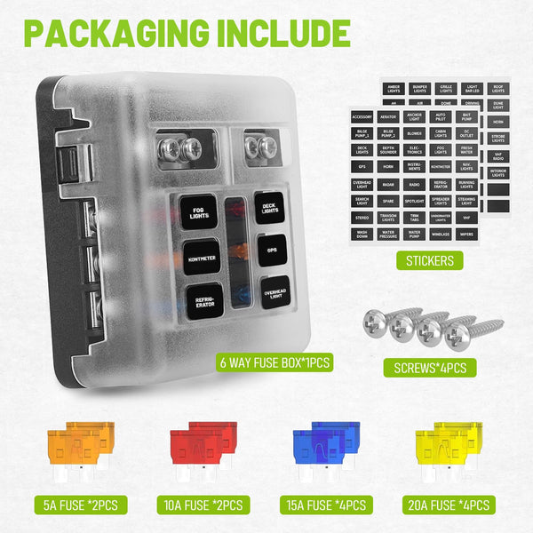 Chelhead 6 Way Boat Fuse Block with LED Indicator 6 Circuit Blade Fuse Blocks 12 Volt Automotive Waterproof with Negative Bus Suitable for 12V/24V Car RV Trailer Truck