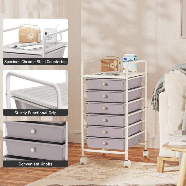 Johgee 6 Drawers Plastic Storage Cart, Multipurpose Mobile Organizer Shelving Unit with Lockable Wheels, Utility Rolling Cart Storage Trolley for Home