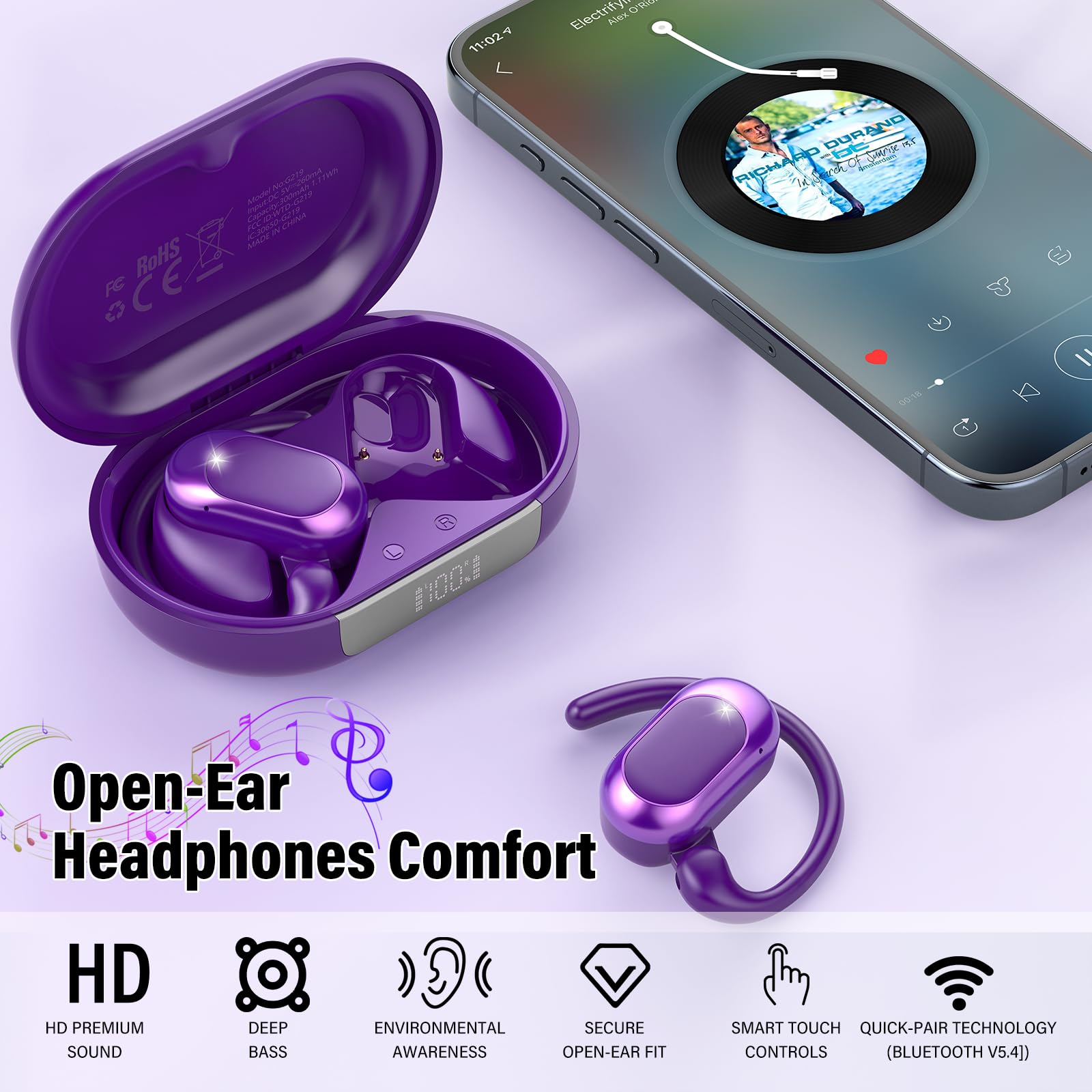 STECEi Open Ear Headphones, Bluetooth 5.4 Wireless Earbuds with Adjustable Ear Hooks, Powerful Sound, Air Conduction Earbuds with Mic, 36H playtime, Ultra-Comfort, IPX7 Waterproof Sports Earphones