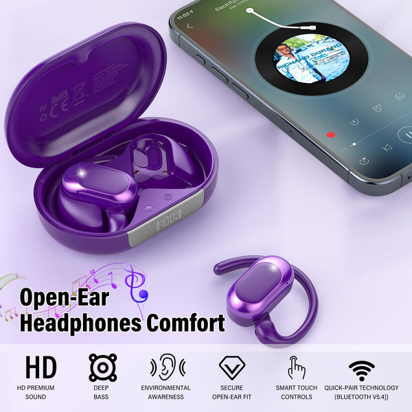 STECEi Open Ear Headphones, Bluetooth 5.4 Wireless Earbuds with Adjustable Ear Hooks, Powerful Sound, Air Conduction Earbuds with Mic, 36H playtime, Ultra-Comfort, IPX7 Waterproof Sports Earphones
