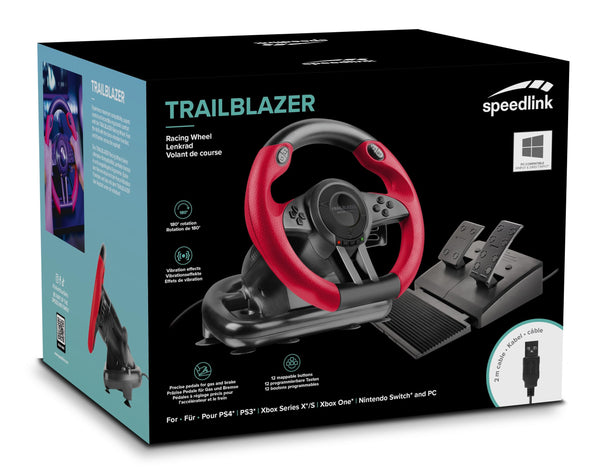 Speedlink TRAILBLAZER Racing Wheel - Gaming steering wheel for PS3/PS4, Xbox Series X/S/One, Nintendo Switch and PC, shift paddles and gear stick, adjustable pedals, black-red