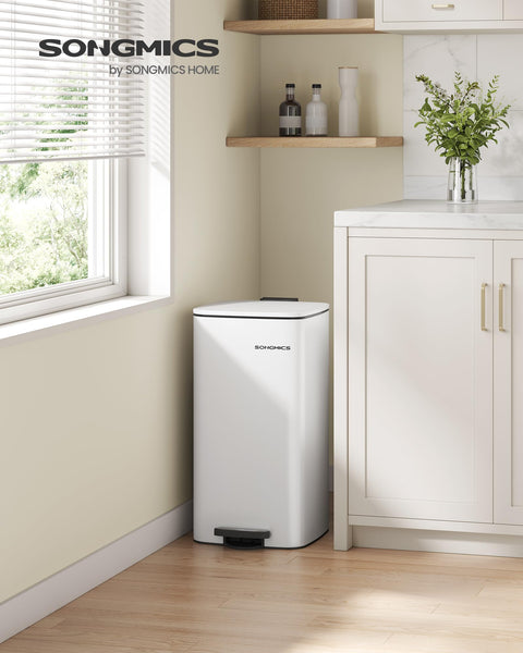 SONGMICS Kitchen Bin, 8-Gallon (30 L) Trash Bin, Steel Pedal Bin, with Inner Bucket, Soft Close and Stays Open, Metallic Silver LTB593E01