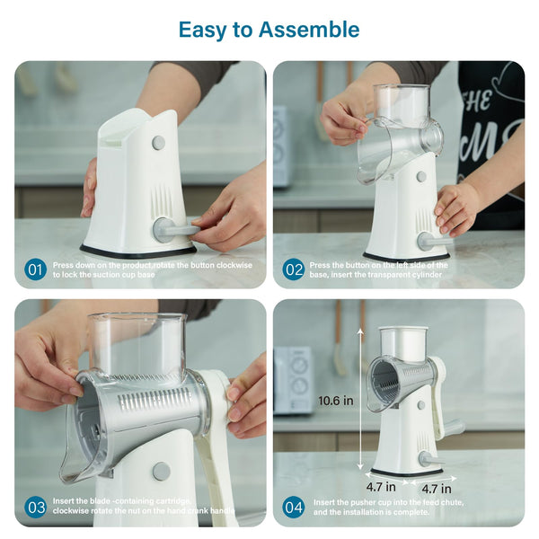 ALEXPHY Rotary Cheese Grater Hand Crank, 5-in-1 Rotary Cheese Grater, Stronger Suction, Easy to Clean Grater for Fruit, Vegetables, Nuts, White