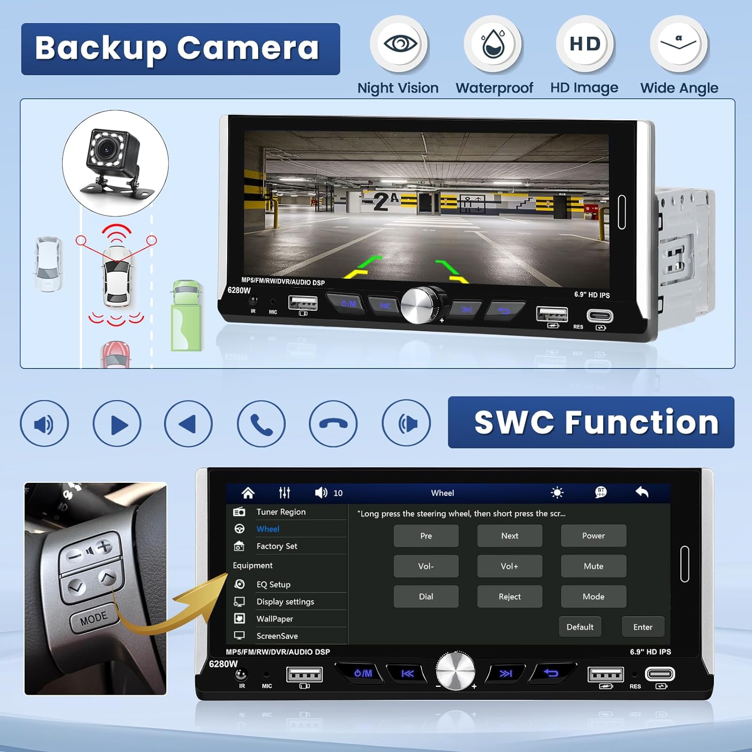 Hikity Single DIN 1DIN Car Stereo Wireless CarPlay & Android Auto 6.9 Inch Touchscreen Car Radio with Bluetooth 5.1 FM Dual USB Ports Type-C + Backup Camera + Remote Control + MIC