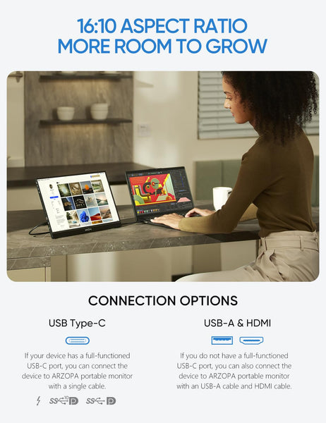ARZOPA 16.1'' 144Hz Portable Monitor with Storage Bag, 100% sRGB 1920×1080P FHD HDR 144HZ Gaming Monitor, Ultra Slim - Eye Protection-External Second Screen for Laptop/PC/Mac/PS3/4/5/Xbox - Z1FC（Grey）