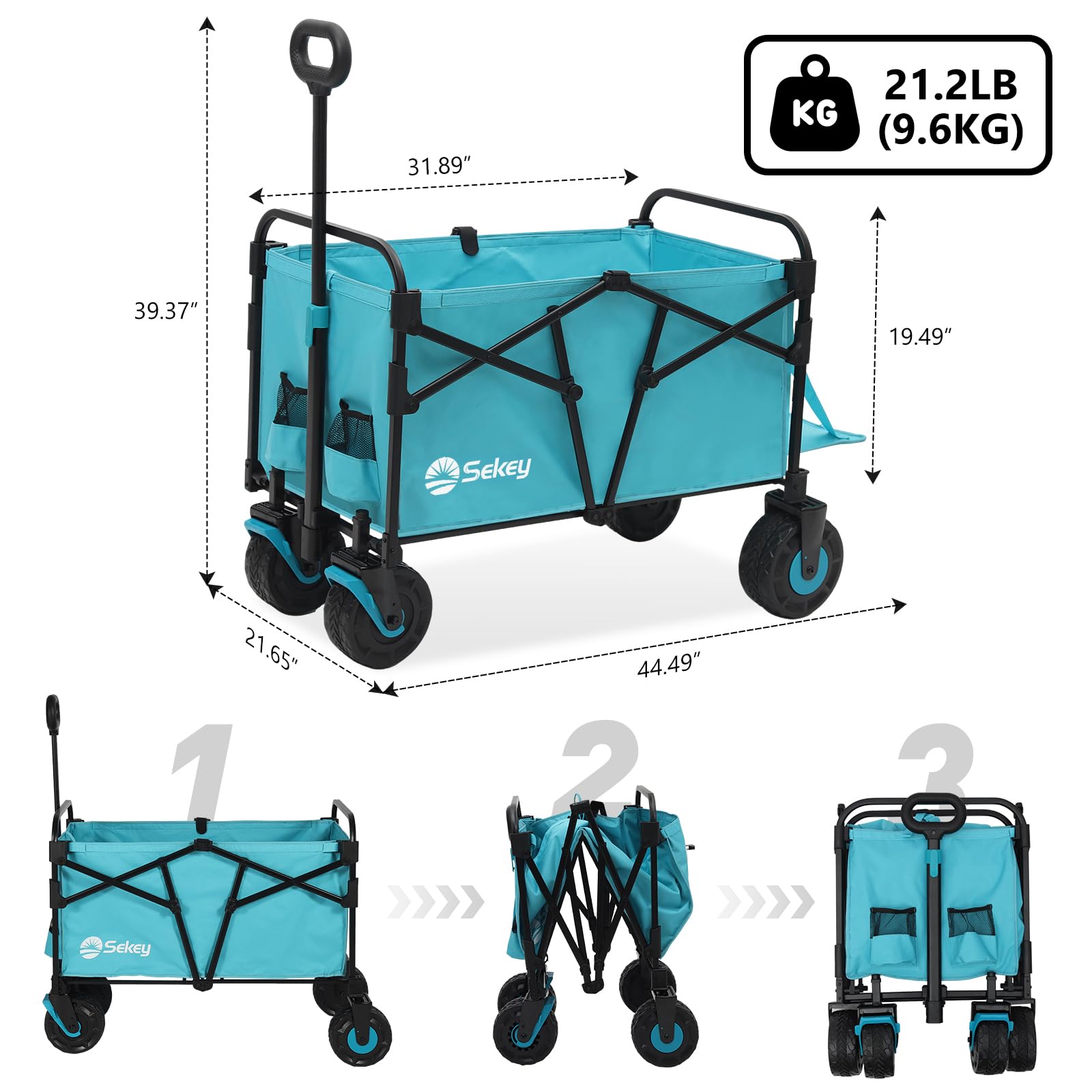 Sekey 332L Folding Festival Trolley with Expandable Tailgate, Patented Design Beach Cart - Diamond Collapsible, Wide All-Terrain Wheels, Brake, 350LB Load Capacity Heavy Duty Wagon for Camping, Black