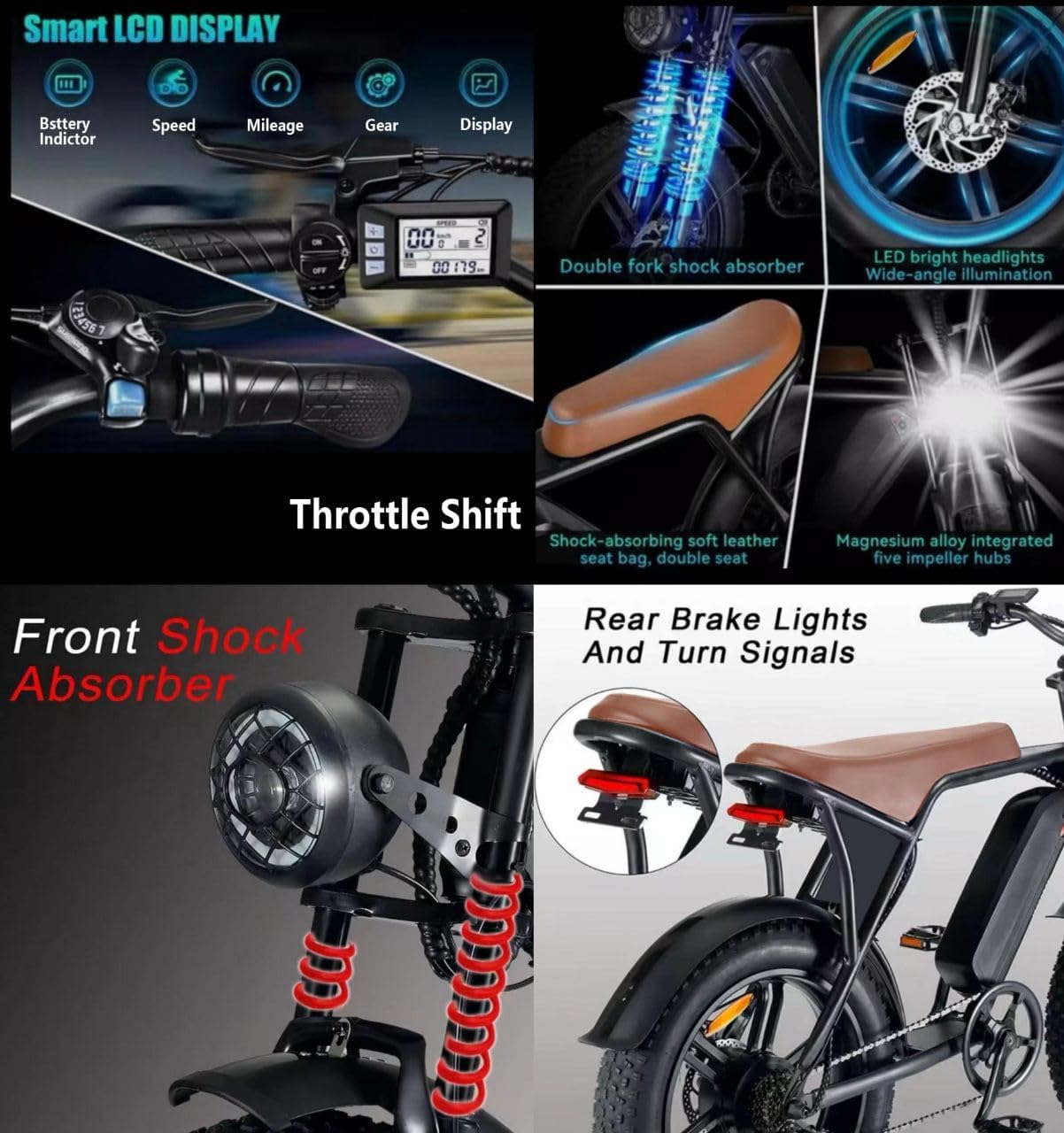 20” Electric Bike, 20 Inch E Bike, Hybrid Bike, Adult Bicycle, 48V 15AH Battery, Brushless Motor, LCD Display, 7 Gear, Rear Seat, Throttle, Suspension, Disc Brakes, Headlight, Indicators, New