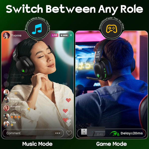 WESEARY Wireless Gaming Headset for PS5/PS4/PC/Switch/Mac, Dual Mode 2.4GHz & Bluetooth & USB, Headset with Microphone, 50-Hour Battery, EQ Modes, Lossless Audio, RGB Lighting