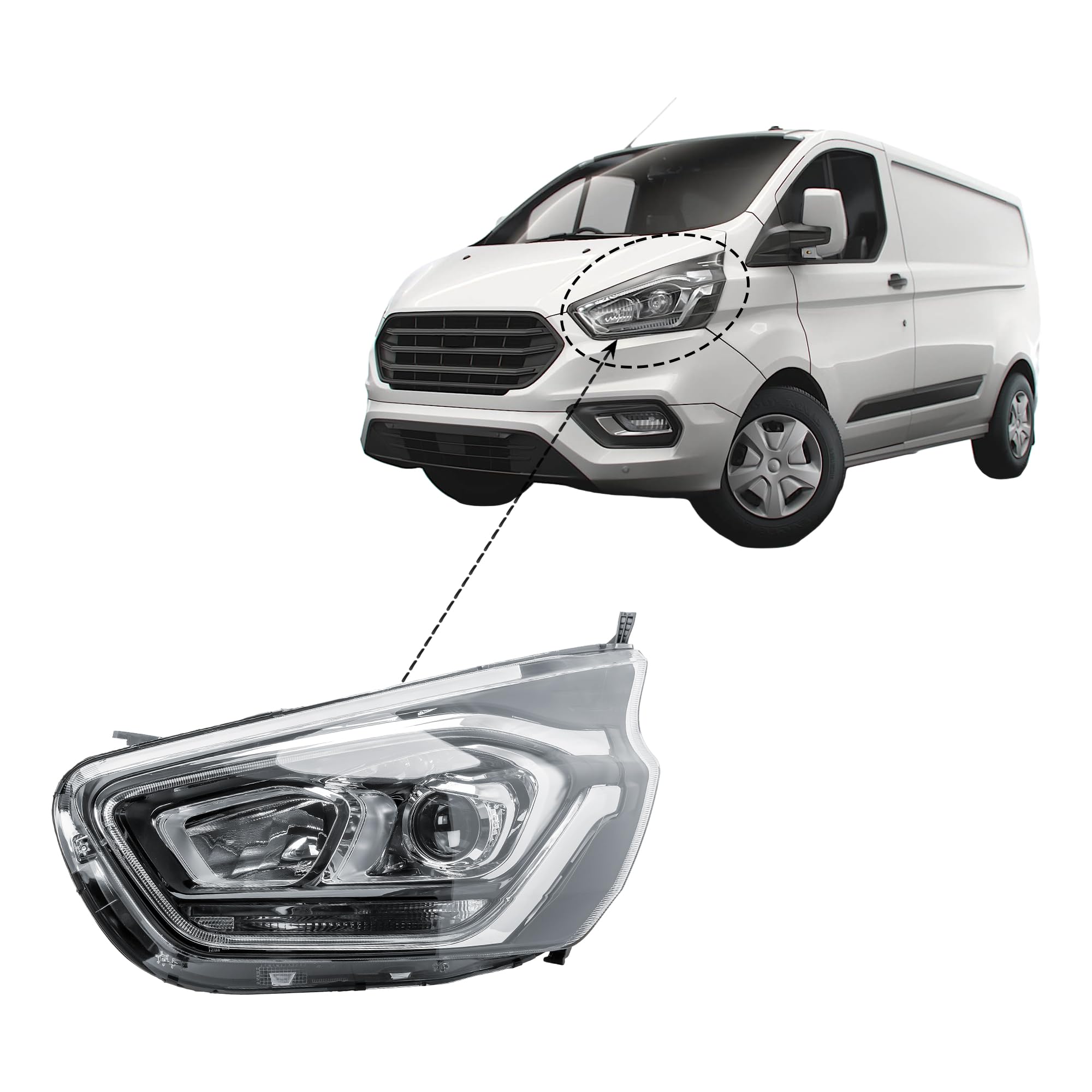 Replacement Driver Right Side O/S Headlight Head Lamp with Projector Electric Adjustment for Ford Transit Tourneo Custom 2020-2023