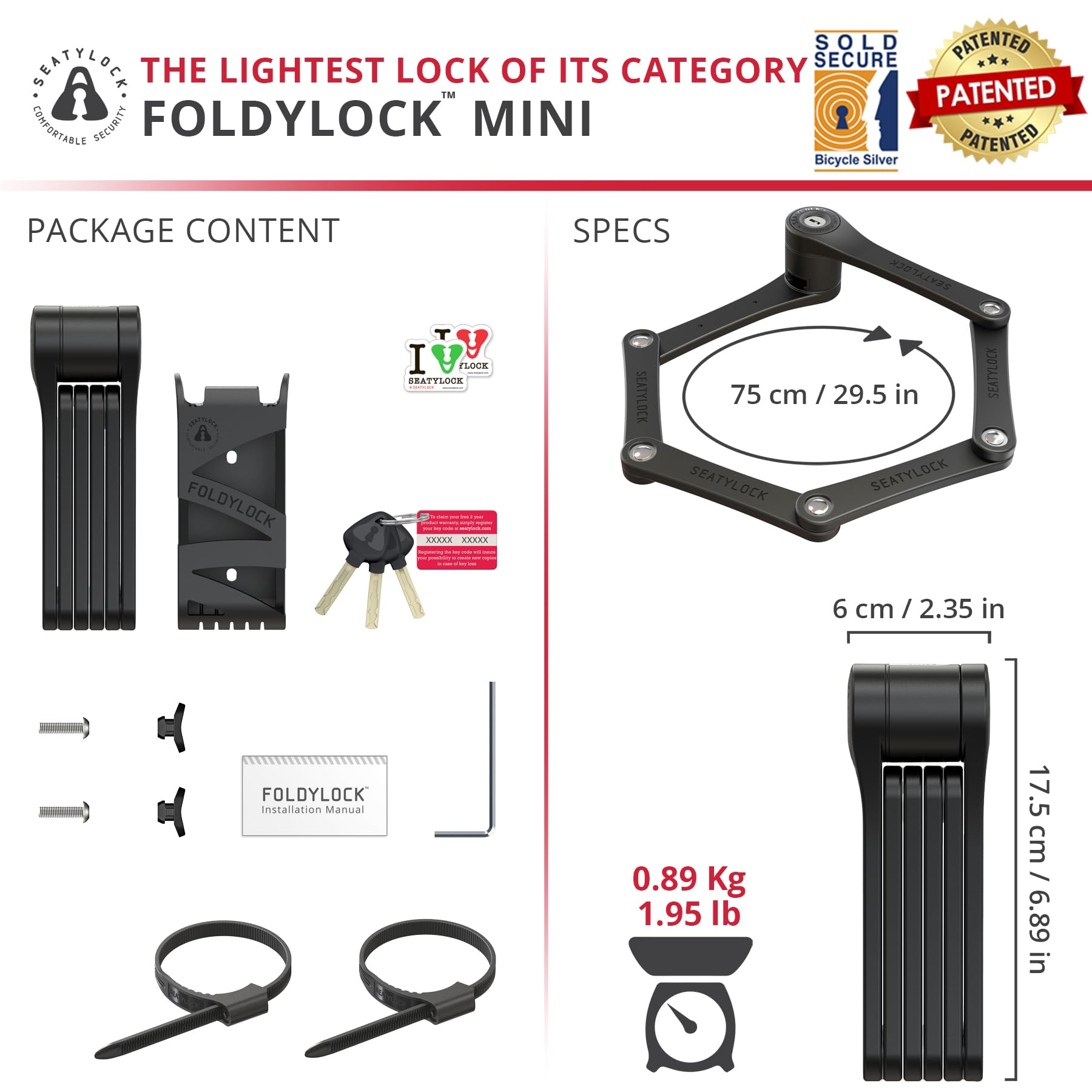 FoldyLock Mini Folding Bike Lock with Key - Patented Lightweight Heavy Duty High Security Anti Theft - Cut Proof Silver Sold Secure Bicycle Lock for