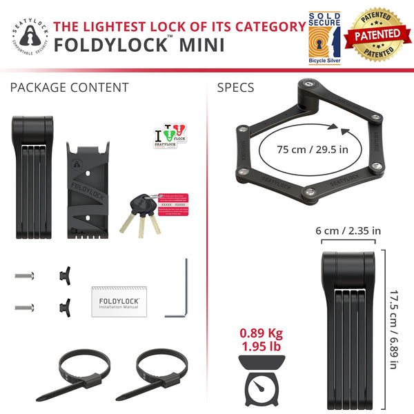 FoldyLock Mini Folding Bike Lock with Key - Patented Lightweight Heavy Duty High Security Anti Theft - Cut Proof Silver Sold Secure Bicycle Lock for
