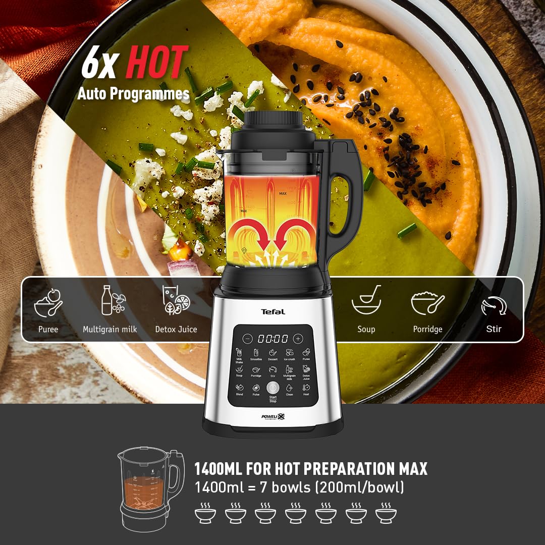 Tefal Blender & Soup Maker Perfectmix Cook, 2L, 10 Auto Programs, Smoothie Maker, Removable Blades, Cleaning Program & Brush, Glass Jug, Tamper, Hot & Cold Kitchen Blender, Cooking, BL83SD65